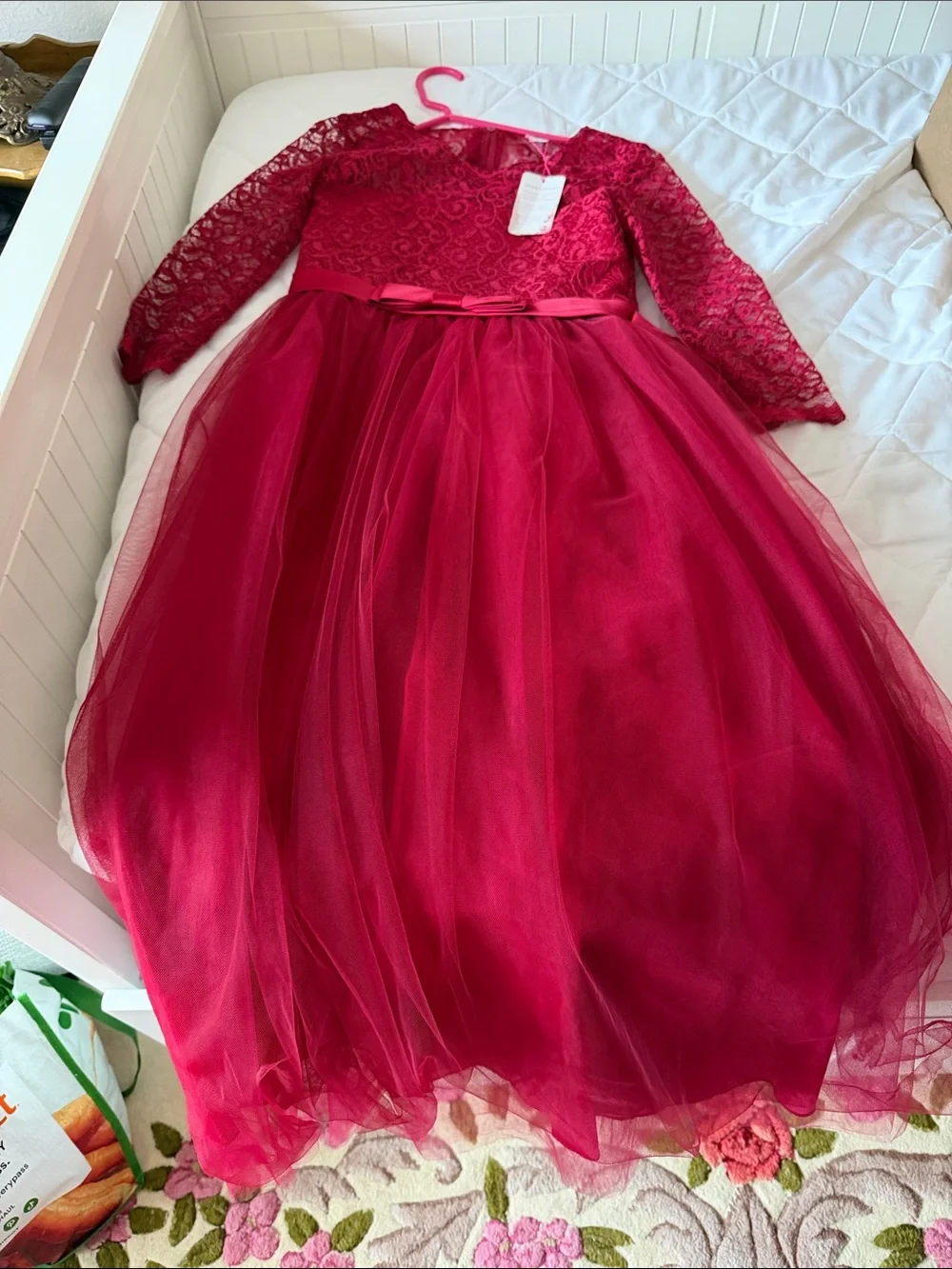 Elegant Girls Burgundy Lace & Tulle Party Dress with Bow Waist